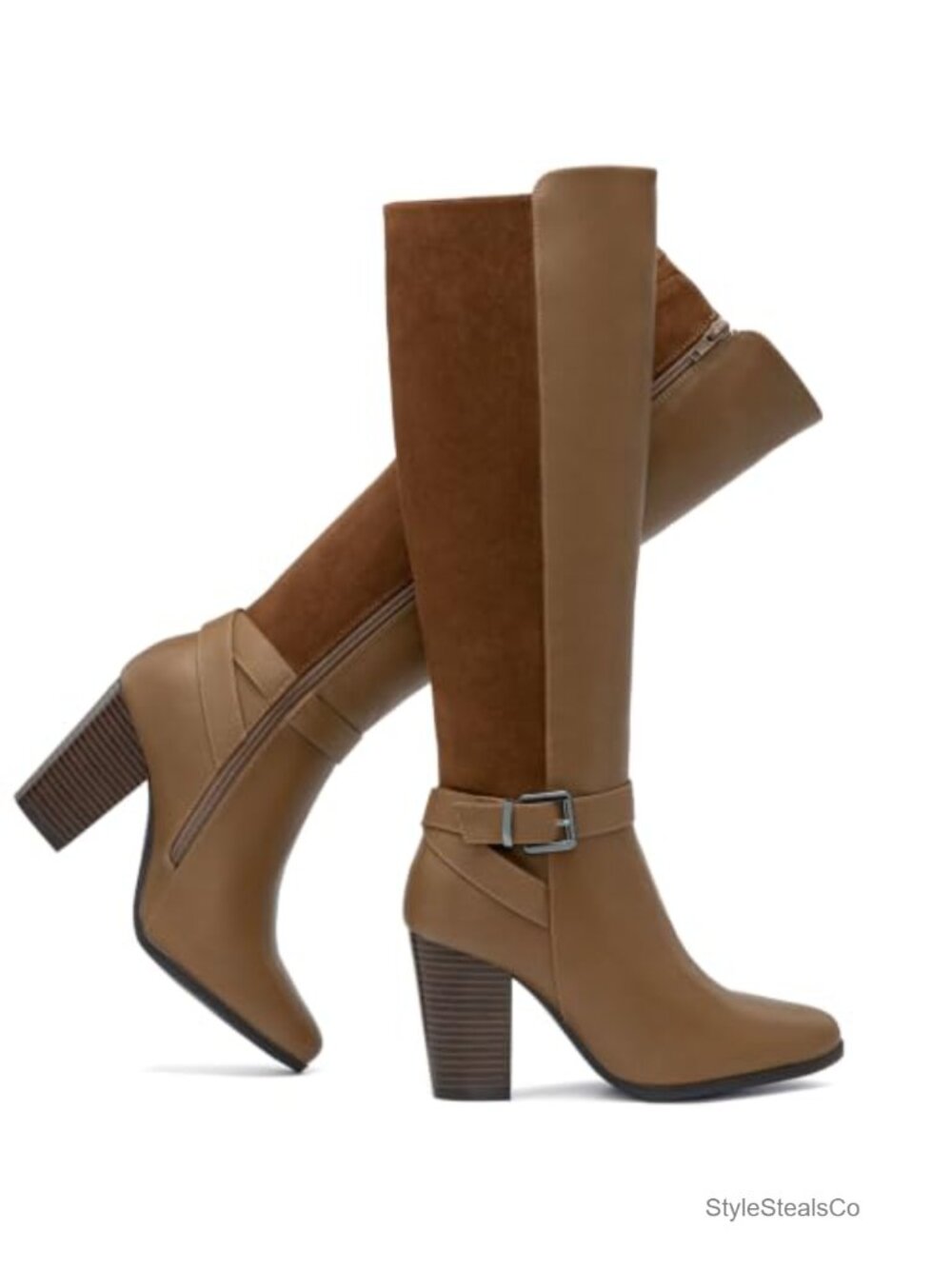 Women's Heeled Knee High Boots Pointed Toe Faux Leather Block Heel Side Zip